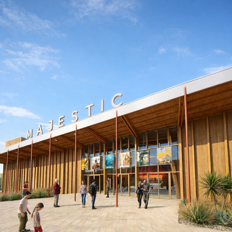Façade en bois et enduit minéral du cinéma écoresponsable Majestic à Héricourt